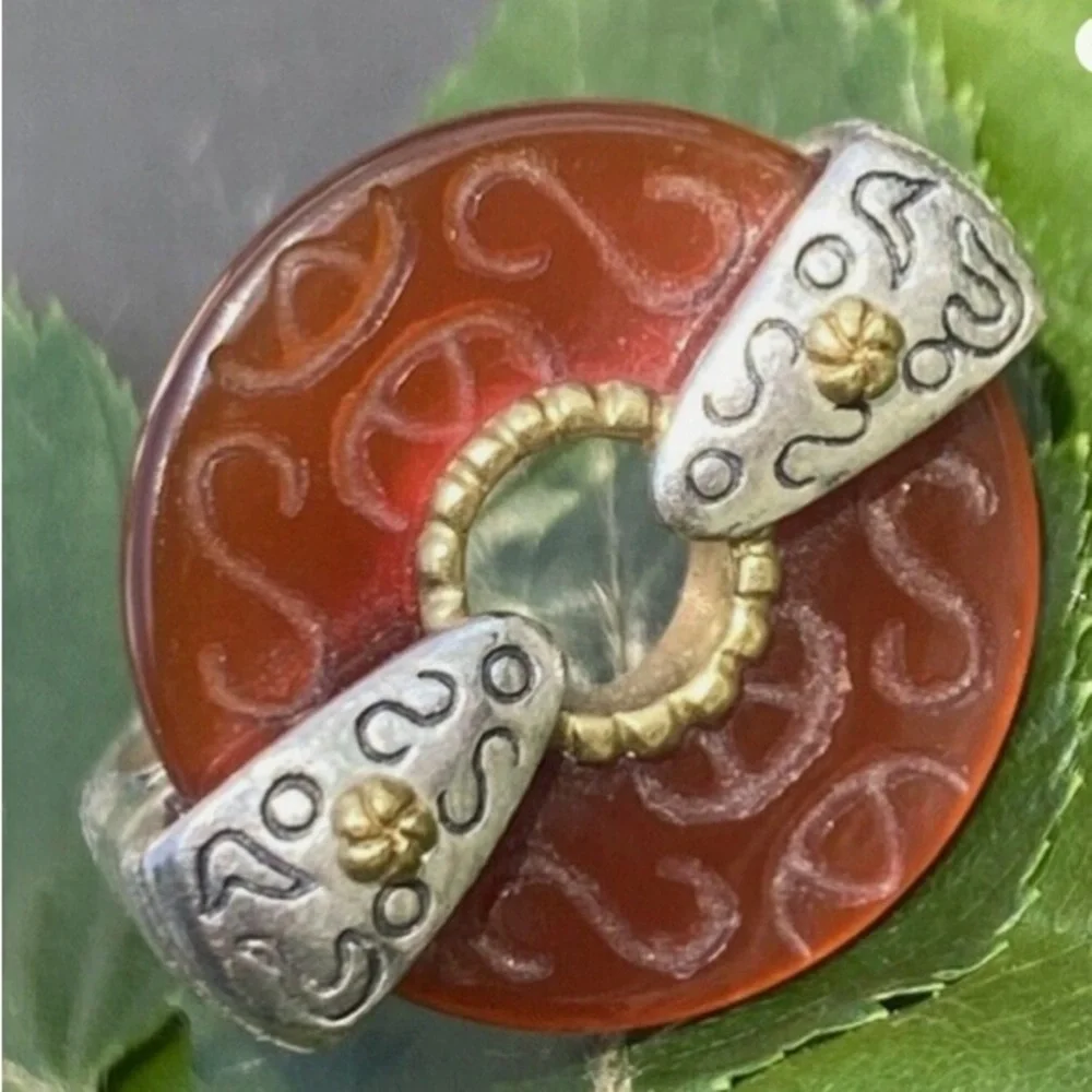 Sterling Silver Yellow Gold Vintage Ring Carved Jade Bi-Disc Estate Fine Jewelry